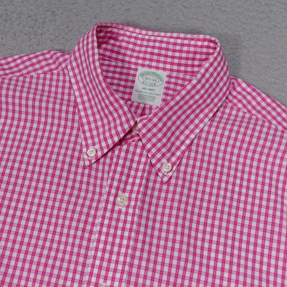 Brooks Brothers Milano Shirt Mens 16 1/2 - 34 Pink Plaid Button Up Long Sleeve